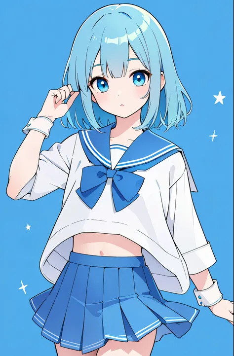 (best quality,ultra resolution,masterpiece:1.2) (watercolor: 1) (pastel color: 0.8) 1 woman, Earth-chan , ( blue themed sailor suit with blue skirt), Blue eyes like stars , Cute detailed face, detailed eyes, short blue-green hair , (simple blue backgroun...