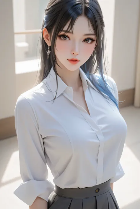 highest quality, masterpiece, Highly detailed, masterpiece , shiny skin , 1girl,Chinese student uniform, white Shirt, mid-length grey skirt,beautiful eyes, black long hair, Blue highlighted hair, bangs, white headband , perfect face and skin body, perfect...