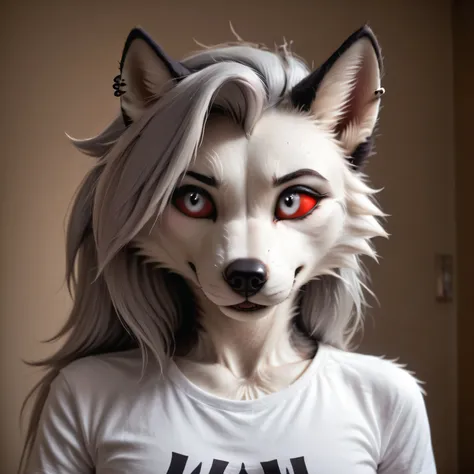 Loona, furry, secret love, tail a man, shy, (heart is beating fast:0.4), Hide in the shadows, out of frame, looking away, hotel, Body contact, beautiful detailed eyes, white eyes, red sclera, beautiful detailed face, portrait, masterpiece, best quality, in...