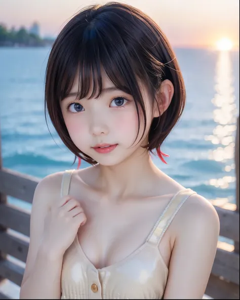 adorable by design, Seaside, with two hands,, ( Portraits, close:1.2), medium hair ,( cheek, glossy lips:1), completely naked, Watch viewers, , I'm sweaty, (babyface), ( embarrassing, smile:0.7), ( pale skin:1), sunset, catch_light, ( Thin P...