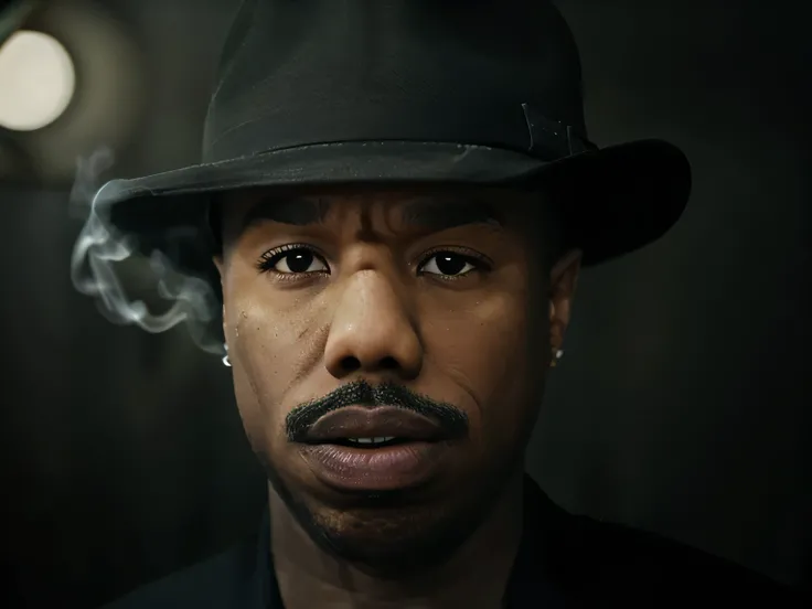 Close-up of Michael B. Jordan as 'Smoke' from the 2025 film Sinners, intense eye contact, face partially shadowed by a wide-brimmed 1930s fedora, dominant expression of power and mystery, thick cigar glowing at his lips with swirling smoke forming ghostly ...