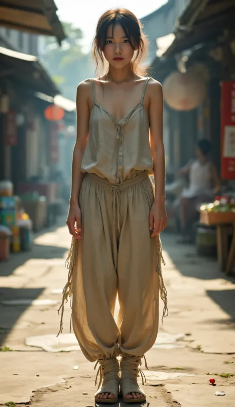 with a full-body frontal view,in ragged cloth clothes, beggar clothes,} It's true that the cloth has worn edges but remains clean,, showing white skin, clear outlines ,Face contrasts with messy hair,, clear eyes and fragile beauty;An Asian girl with a lace...