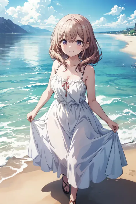 best quality、high resolution, best quality, super quality、8K,shot from the front、standing、1 girl , solo、Katase Shiori、smile、Shut your mouth、camisole caught、white long skirt、ONE GIRL STANDING ON THE SAND、beautiful girl like a fairy、Sky with clouds in a larg...