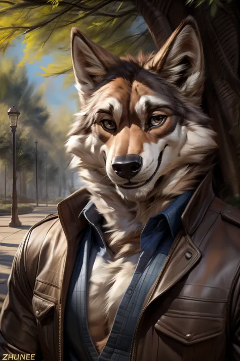 ((By Zaush)), ((By Chunie)), ((By Darkgem)), handsome furry anthro adult male Grey Wolf with nice brown hazel eyes, wearing clothes, jeans, shoes, clothing, background setting, outside, park, nature, trees, (head shot), friendly smile, smiling softly, male...