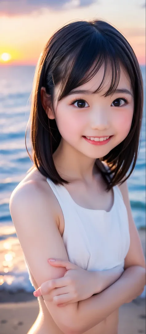 adorable by design, Seaside, with two hands, ( Portraits, close:1.2),Exposed forehead, medium hair ,( cheek, glossy lips:1), completely naked, Watch viewers, , I'm sweaty, (babyface), ( embarrassing, smile:0.7), ( pale skin:1), sunset, catch_l...