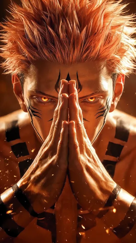 score_9, score_8_up, score_7_up, source_anime, detailed, wallpaper, beautiful details, itadori yuuji, jujutsu kaisen, 1boy, asian, young, male focus, Hyper-realistic close-up of Ryomen Sukuna from Jujutsu Kaisen, fiery atmosphere, sparks flying in slow mot...