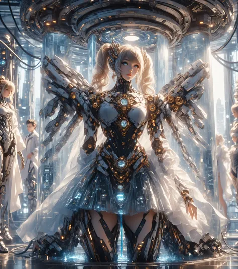  a beautiful girl with blonde hair in two pigtails, her expression calm and lifelike. Her body is partially robotic—arms, abdomen, and legs feature sleek, high-tech cybernetic enhancements with metallic textures and fine mechanical details. She is suspende...
