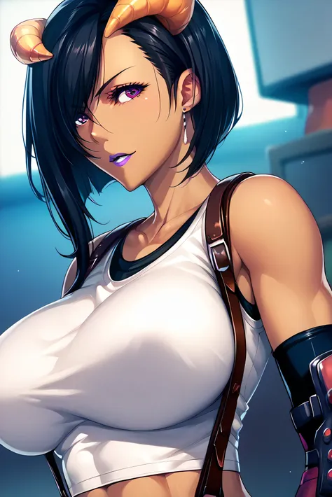SengaSally, black hair, hair over one eye, tan skin, 1girl, large breasts, short hair, horns, purple eyes, bob cut, purple lips,  tank top with suspenders, tifa lockhart,