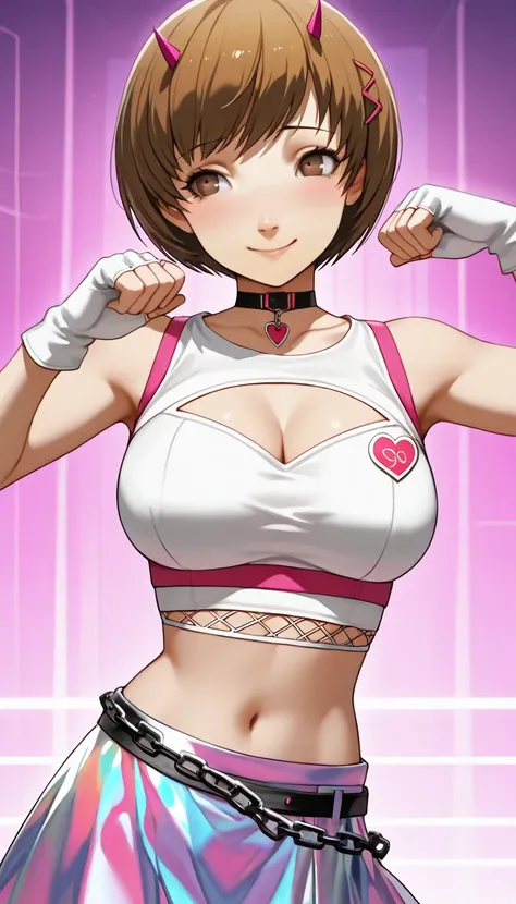 score_9, score_8_up, source_anime 1 girl, solo, cute face, p4chie, satonaka chie, short hair, brown hair,pink horns, hair ornament, pink ornament, giantic breasts, black choker, pink heart, sleeveless, white crop top, midriff, navel, cleavage cutout, iride...