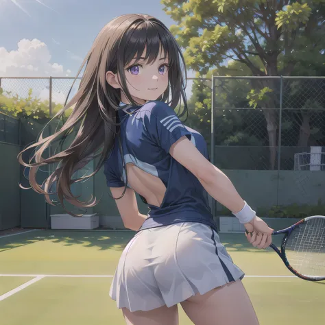 A young female tennis player in a sleek blue outfit stands ready, gripping her racket with both hands in a poised stance. Sunlight accentuates the crisp lines of her attire and the polished strings of the racket. Her determined gaze locks onto an unseen op...