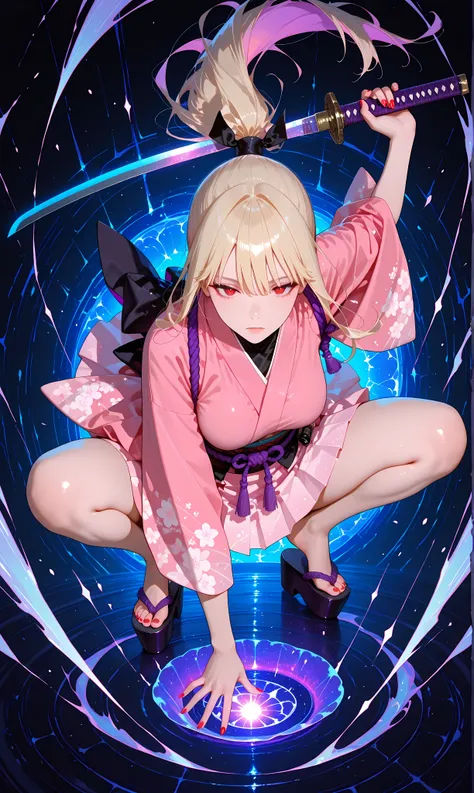 masterpiece, best quality, amazing quality, hyper-detailed, newest, very aesthetic, 1girl, young girl, emotionless, long hair, medium breasts, dynamic pose, diffused light, absurdres, highres
Anime-style female ninja character with long blonde hair tied in...