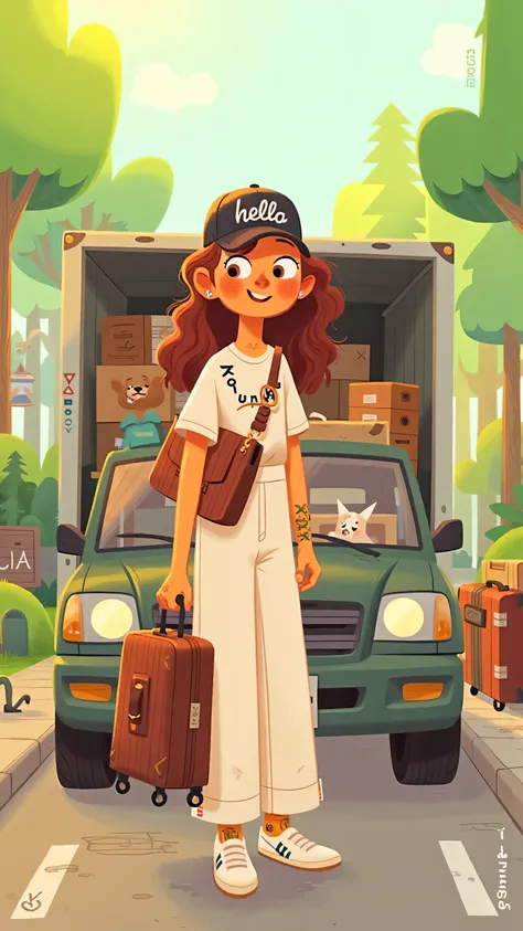 A 2D digital illustration-style panorama,A stylish and elegant young woman(has long brown wavy hair that is naturally flowing,Brown eyes, yellow skin),She is wearing a black baseball cap(There is a white hello letter on the hat),Wear a white top and white ...