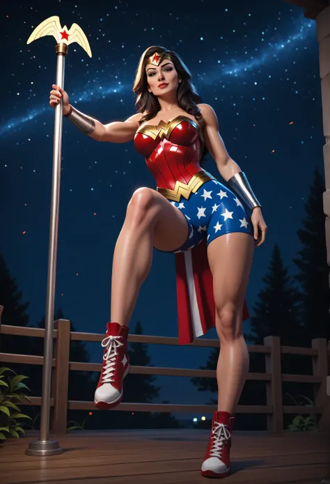 ((Oil Painting:1.1)) SEXUAL LINDA CARTER AS CULT WOMAN 1960, wearing Wonder Woman's SPANDEX costume, PATRIOTIC BLUE SPANDEX SHORTS. RED WONDER WOMAN SHOES. CRYSTAL CRISP, CELAN CRISP, 4K, 8K, MILLIONS OF TEXTURES, night, a large wooden pole to which she is...