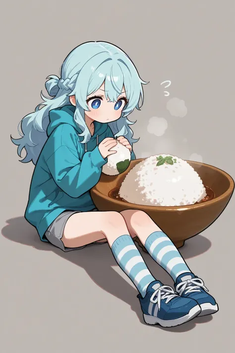 solo,beautiful girl,解剖学的に正しい,OKMCN\(French braid hair,light blue hair, long hair, fluffy hair,big sparking eyes,no nose,small mouth,blue shoes,light blue hoodie,gray short pants,blue and white striped knee-high socks\),she has a big 🍙(\Japanese rice ball\)...
