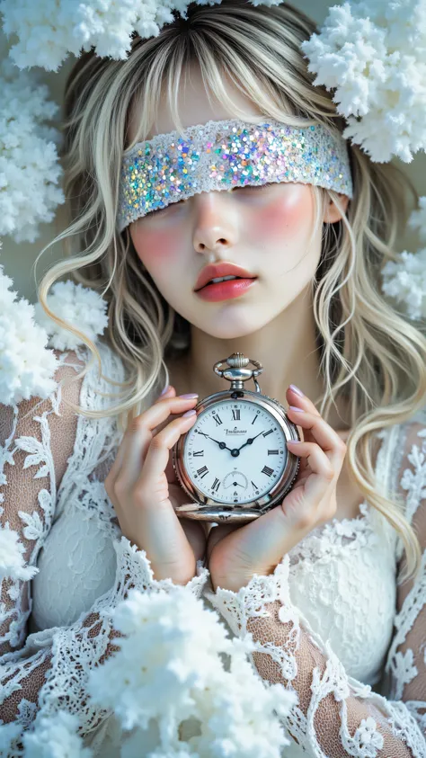 8k, Masterpiece, Top Quality, close-up shot, high angle view, woman with platinum blonde wavy hair adorned with white beaded/crystal headband, eyes covered by iridescent glittery blindfold, pink lips, lying down surrounded by soft white snow or clouds, hol...