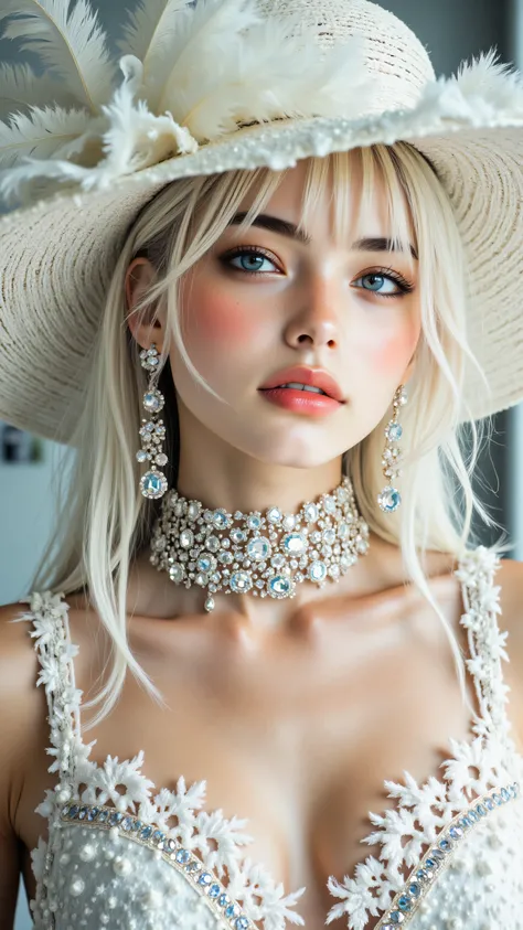 8k, Masterpiece, Top Quality, close-up medium shot, eye-level, woman with platinum blonde straight hair, light blue eyes, looking slightly off-camera, wearing large white wide-brimmed hat with feathers and crystal jewel cluster, elaborate crystal choker an...