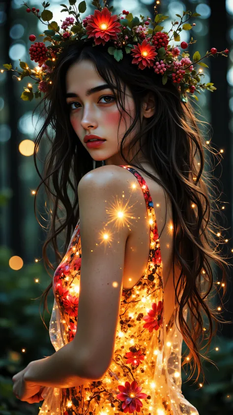 8k, Masterpiece, Top Quality, medium shot, waist-up, woman with long wavy brown hair adorned with flower crown (red berries, leaves) and interwoven glowing fairy lights, looking over shoulder towards camera, soft alluring expression, body made of transluce...