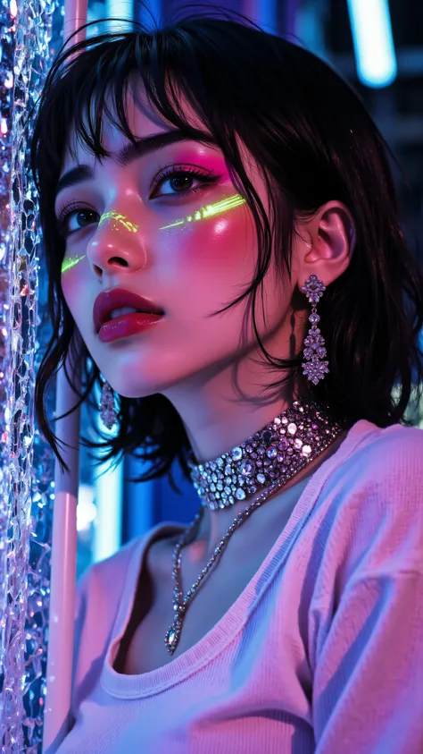 8k, Masterpiece, Top Quality, close-up portrait, eye-level, three-quarter profile view, woman with short dark wet-look hair, glossy skin, looking away profile, soft intense expression, elaborate futuristic makeup (bright pink winged eyeliner, luminous neon...