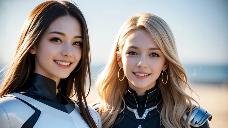 Two young and beautiful white beauties with platinum blonde hair walking at a distance、Beautiful twin beauties wearing white blouses with collars inside android suits, aged 20 , A clear blue sky during the day、Two young and beautiful blonde beauties wearin...