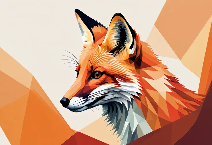 An abstract modern art illustration of a fox. The fox is represented with bold, geometric shapes and clean, flowing lines, avoiding realistic details while maintaining a recognizable silhouette. The color palette for the fox combines warm earth tones like ...