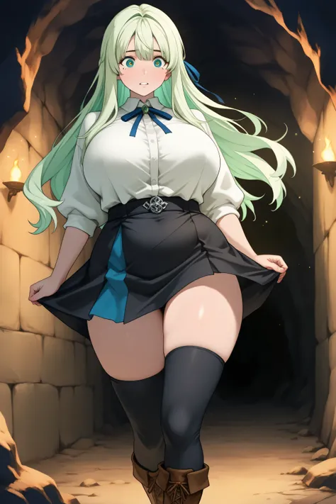 (completely dark cave),(A world without light ),(uneasy expression),Long-haired girl with light green hair,150cm tall girl,short black skirt, emerald eyes like playing,(Sensual works ),Black stockings that reach the thighs,brown boots,Anime style illustrat...
