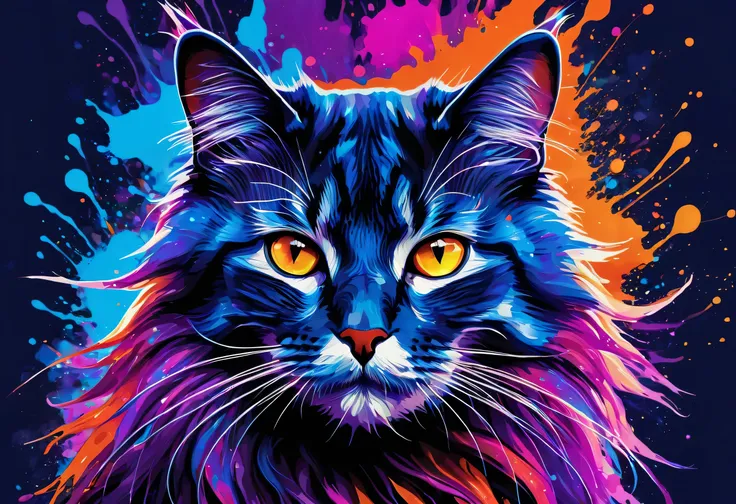 A stunning modern art style illustration of a cat, captured in a vibrant splash painting technique, with neon-like fur in shades of electric blue, fiery orange, magenta, and deep purple. The cat's fur is flowing like cosmic waves, illuminated against a dar...
