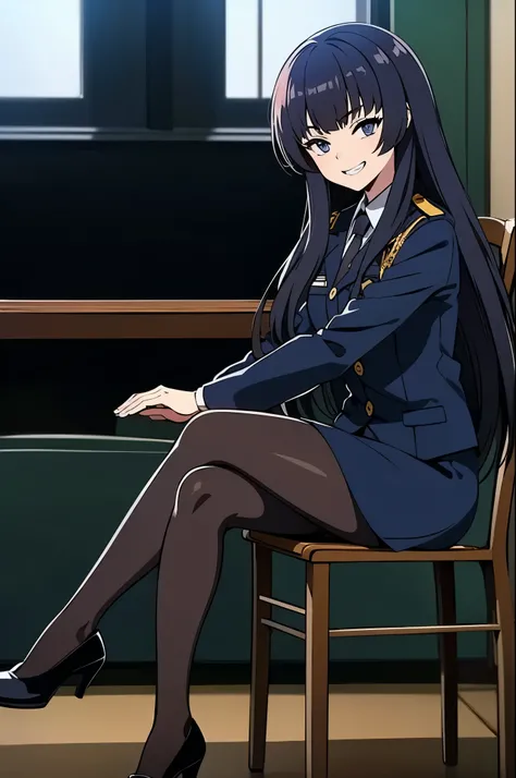in city, anime style, , ultra high res, Best quality, ultra detailed, 8k, from side, wearing dark navy blue policewoman uniform, black pumps, black pantyhose, masterpiece, high nose(1:2), large mouth, grin, break straight long hair, dark eyelashes, sitting...