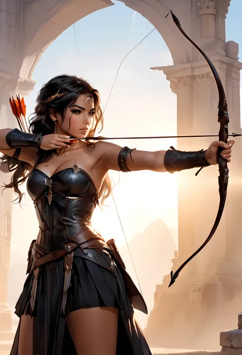 a fantasy art of a exquisite female archer, (silhouette artwork), as the sun rises, fantasy art, ), sunrising behind the archer, ready to act, ultra feminine, with a long curvy hair, dynamic bow sting drawn to the cheek , arrow ready to be shot, arrow tip ...