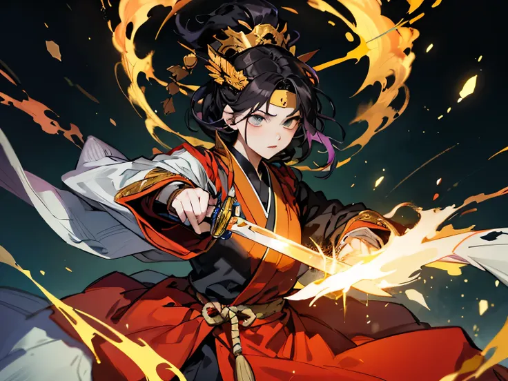 a person in a traditional ninja costume々 gatherings , wears black clothes with various colored bands、is armed with swords and other martial arts weapons, takes dynamic poses. the person in the center stands out wearing a golden ceremonial robe and decorati...