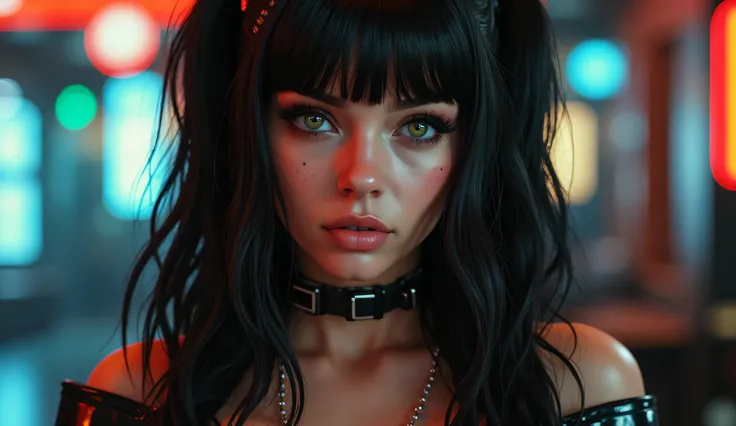 a sexy harley queen with tight leggins clothes, dark and shiny hair with bangs on the forehead, green eyes, full body portrait, confident expression, 4k, ultra-detailed, photorealistic, cinematic lighting, dramatic shadows, moody sci-fi atmosphere, advance...