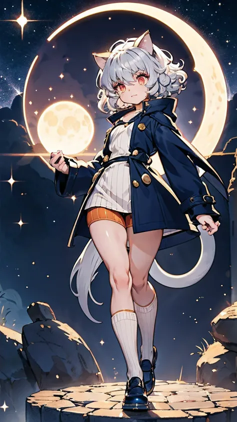 (full body:1.5),silver hair,  Short and Curly , Cat ears, Red Eyes, Large pupils,  strong eyes , double eyelid, fine eyebrows, long eyelashes, small nose,  small mouth,((:3)), Sharp jaw, blue military style coat, Six gold buttons, orange striped short shor...