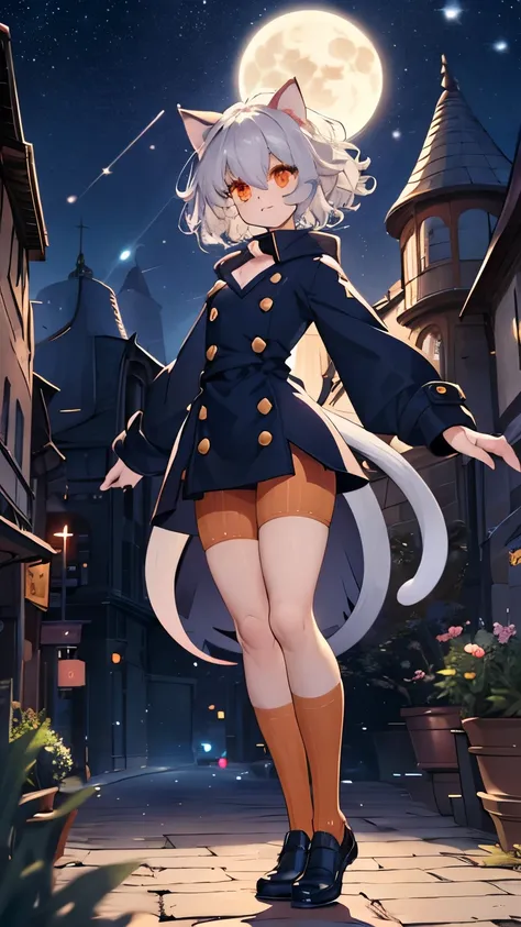 (full body:1.5),silver hair,  Short and Curly , Cat ears, Red Eyes, Large pupils,  strong eyes , double eyelid, fine eyebrows, long eyelashes, small nose,  small mouth,((:3)), Sharp jaw, blue military style coat, Six gold buttons, orange striped short shor...