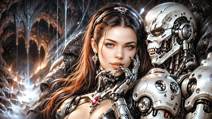 A high-quality photorealistic image of . masterpiece. detailed drawing; A cyborg with an imitation of a female body poses sexually in a dark mountain cave, Monica Bellucci Face; darkness, darkness.