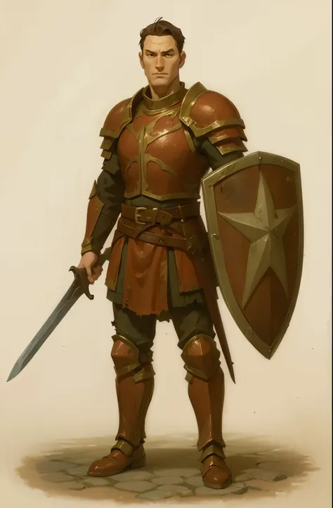 mstoconcept art, european and american cartoons, game character design, solo, 1MAN, red armor, paladin rpg CLEAN FACE, white BACKGROUND, young, FULL BODY, STANDING, paladin othes, old and torn clothes, old clothes, dirty clothes, holding up a sword and ...