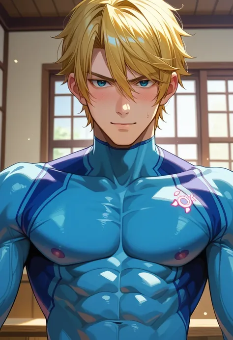 score 9 、score 8 up、score 7 up、1boy、solo、(male:1.5)、male focus、male body、defSamus、金髪、短髪、ボディスーツ、blue clothes、blue pantynose、blue gloves、自信に満ちた表情、confident smile、片方の拳、blue bodysuit、立っている、あなたを見ている、宇宙船、スピーチバブル、