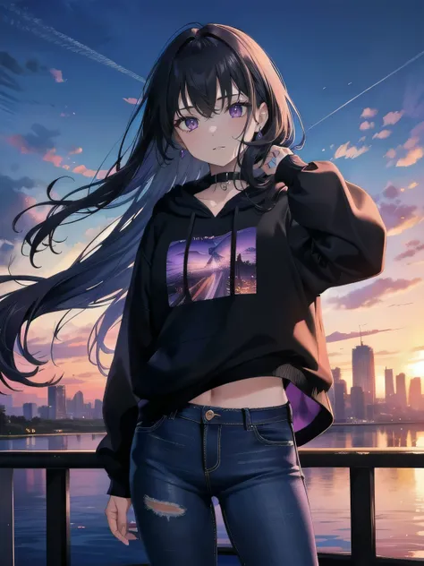 (masterpiece), (best quality), ultra detailed, finely detailed color, cenematic painting, anime lady, model, ((one lady)), 20 years old, cute face, black hair, absurdly long hair, straight hair, (violet eyes:1.2), purple eyes, standing, chocker, ((black ho...