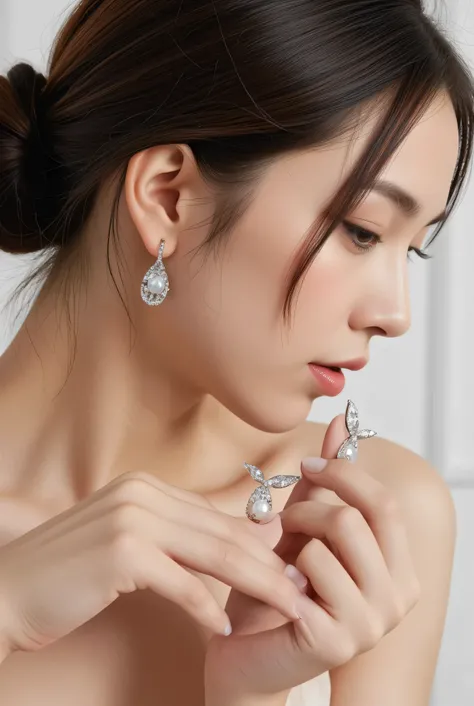 Elegant close-up of a woman with hair tied in a low bun, wearing a pair of modern feminine mermaid tail earrings set with shiny rhinestones and delicate pearls. One of the earrings is being displayed in the hands of the featured model. The setting is minim...