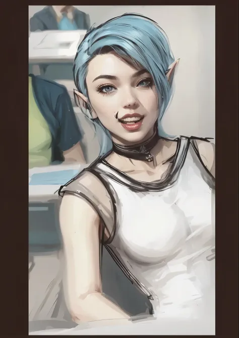 Female student in classroom, blue hair, wearing choker, wearing cyberpunk-inspired uniform, pretty, hybrid elf, elven human, highly detailed, comic book style