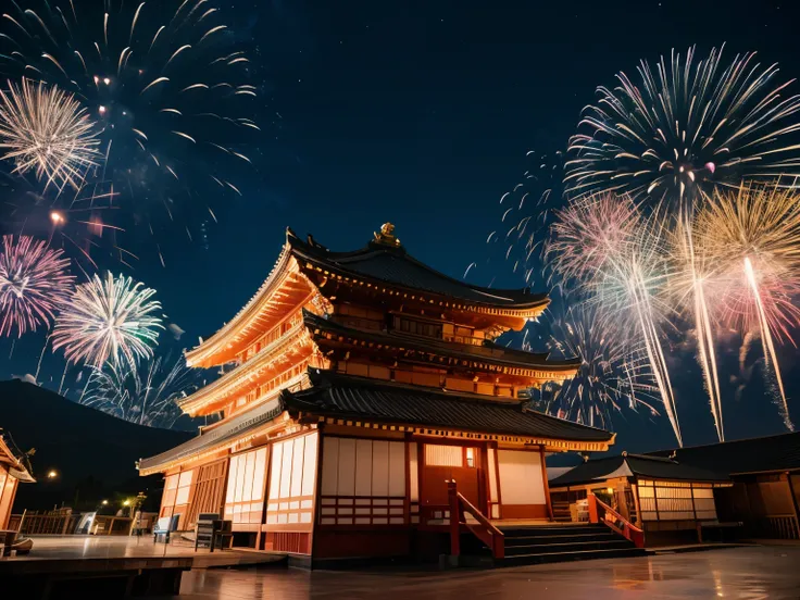 A traditional Japanese temple with a red wooden structure、The five-story pagoda is illuminated at night、A vibrant night view with colorful fireworks shooting in the sky。The temple is illuminated with soft lighting、has a fantastic and festive atmosphere。The...