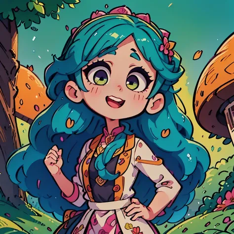 a vibrant, whimsical digital drawing of a young woman with long hair, detailed facial features, playful expression, flowing hair, intricate hairstyle, colorful floral crown, delicate skin, elegant posture, ethereal atmosphere, fantasy landscape background,...