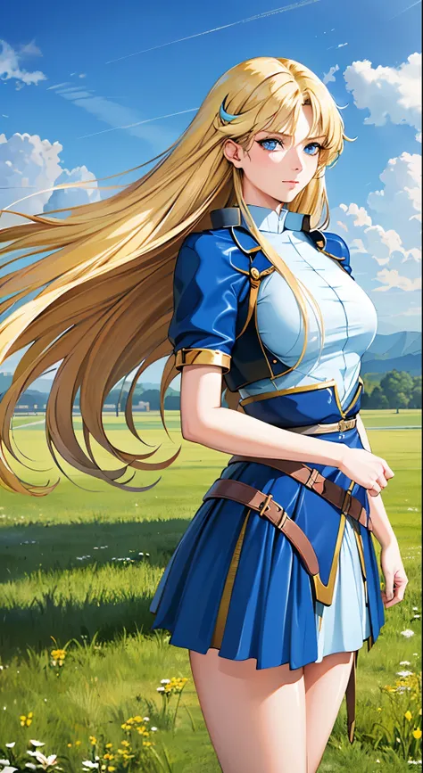 A beautiful lady standing on a patch of grass,The sky is beautiful, long blond hair, pale skin, Blue Eyes, model-like body, [high, (best quality, 【8k, high解析度, masterpiece:1.3),  Official Art,  beautiful and beautiful , looking at the audience