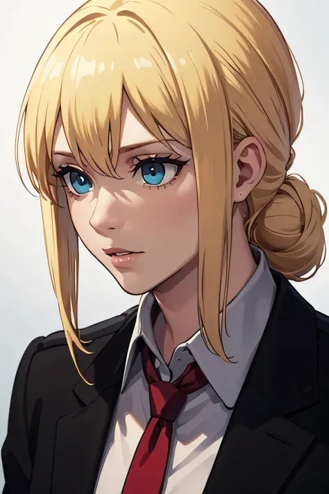 25 year old woman, Russian, government hitman, wearing a white shirt, wearing a black blazer, wearing a red tie, messy bun hairstyle, blonde hair color, blue eye color, thin lips, sharp eyes, facing forward, half body, hd
