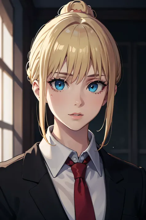 25 year old woman, Russian, government hitman, wearing a white shirt, wearing a black blazer, wearing a red tie, messy bun hairstyle, blonde hair color, blue eye color, thin lips, sharp eyes, facing forward, half body, hd