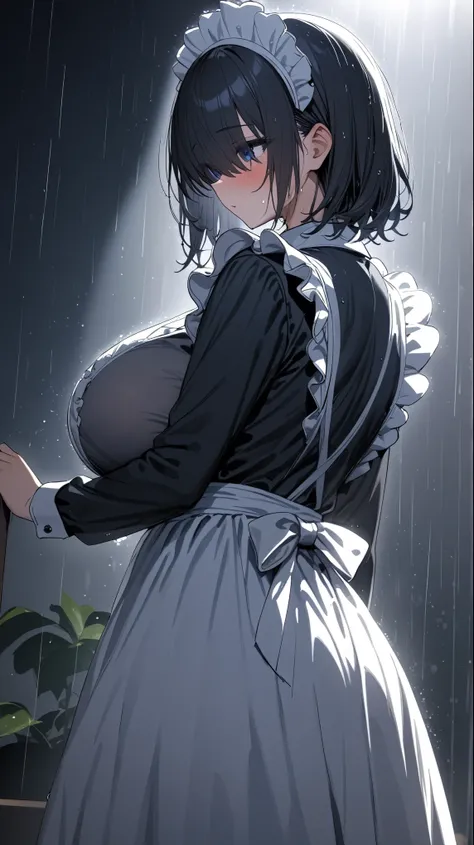 (masterpiece, Highest quality:1.2), 1girl, Black medium hair, (maid dress), growing light, ((blue eyes)), ((big breast)), light particles, long bangs, bangs, high detail, glowing light, bloom, standing, ((hair over eyes)), eyes visible through hair, back l...