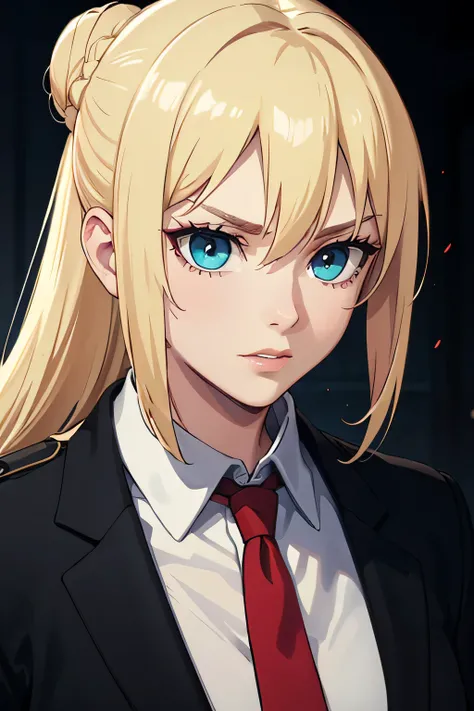 25 year old woman, Russian, government hitman, wearing a white shirt, wearing a black blazer, wearing a red tie, messy bun hairstyle, blonde hair color, blue eye color, thin lips, sharp eyes, fierce, bitchy facing forward, half body, hd