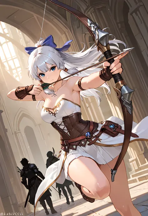 a fantasy art of a exquisite female archer, (silhouette artwork), as the sun rises, fantasy art, ), sunrising behind the archer, ready to act, ultra feminine, ultra feminine, best detailed face, ultra detailed face, long hair, dynamic bow sting drawn to th...