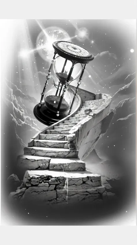 A surreal black and white fantasy tattoo-style illustration of a cracked stone staircase ascending into the sky through soft, dreamy clouds. At the top, a large ancient hourglass with glowing sand and mystical runes. Magical light beams from the heavens, f...