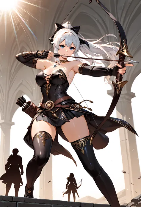 a fantasy art of a exquisite female archer, (silhouette artwork), as the sun rises, fantasy art, ), sunrising behind the archer, ready to act, ultra feminine, ultra feminine, best detailed face, ultra detailed face, long hair, dynamic bow sting drawn to th...