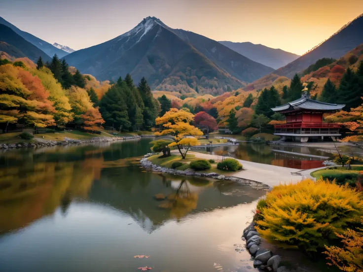 a traditional Japanese golden temple(Kinkakuji Temple in Kyoto)in the background。Lush tree々Surrounded by a quiet pond、The pond reflects beautifully。The warm golden light at dusk illuminates the temple、A beautiful and serene landscape depicting autumn leave...