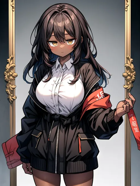 masterpiece, best quality, hyper detailed, exquisite, beautiful,少女.(dark skin:1.3).金の装飾..(big sagging breasts:1.2).足太い.long coat.悪魔.角.魔王.小さな女の子.童顔.,cowboy shot